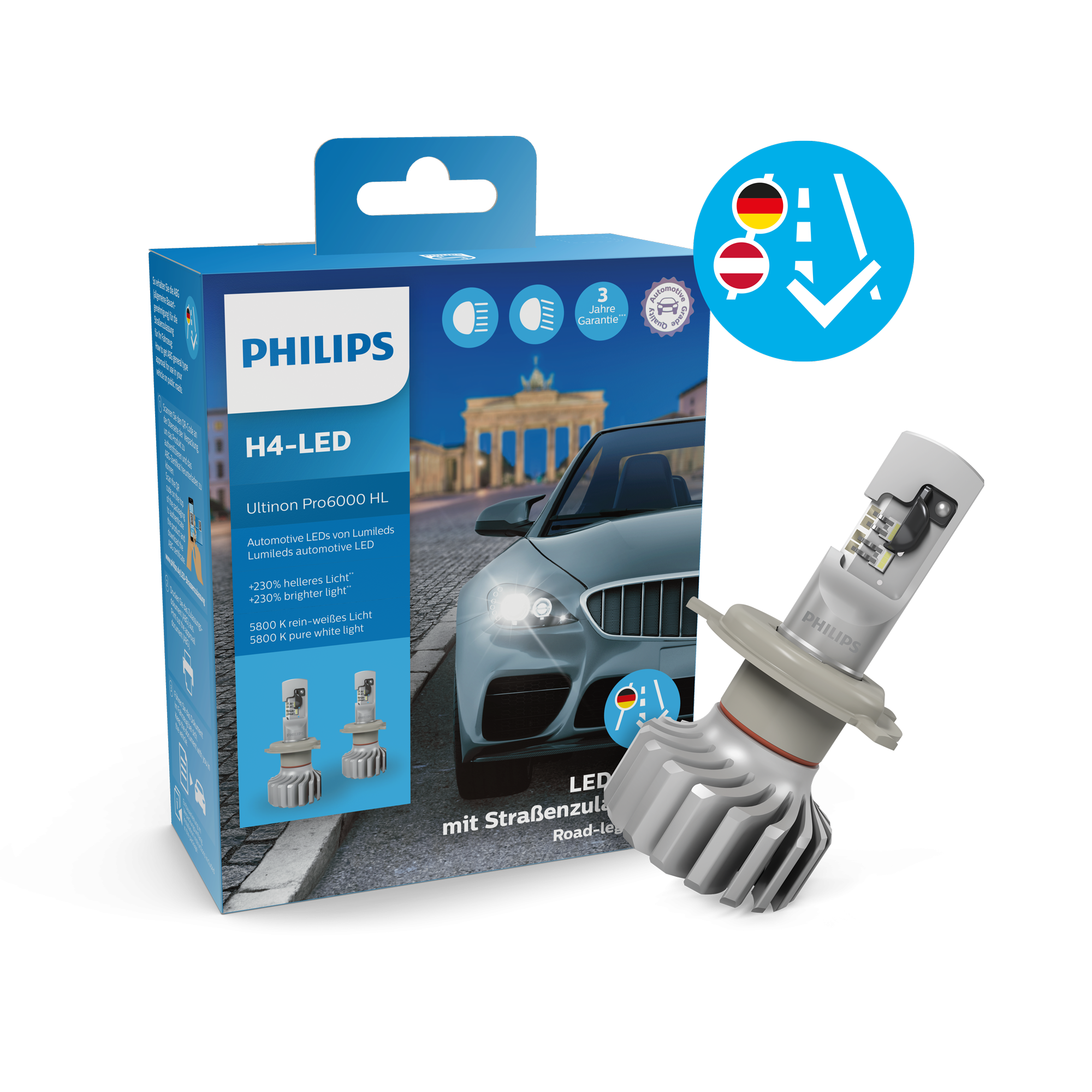 Philips Ultinon Pro6000 H4-LED mit Straßenzulassung 12V +230% 5.800K