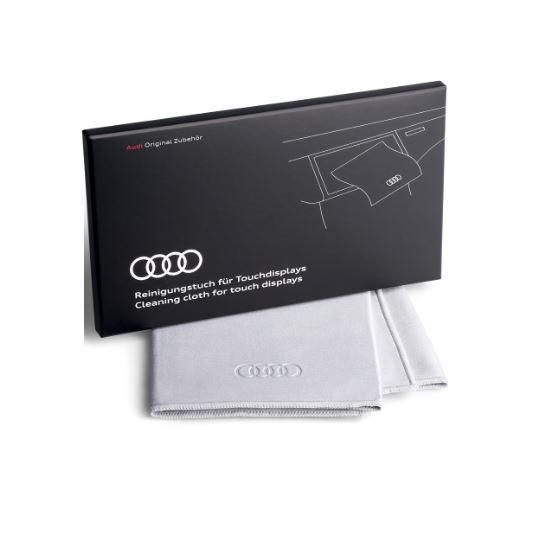 Audi 80A087009 Duftspender Singleframe schwarz, orientalisch, nachfüllbar &  80A096325 Reinigungstuch für Touchdisplays, Silber, 30x30cm